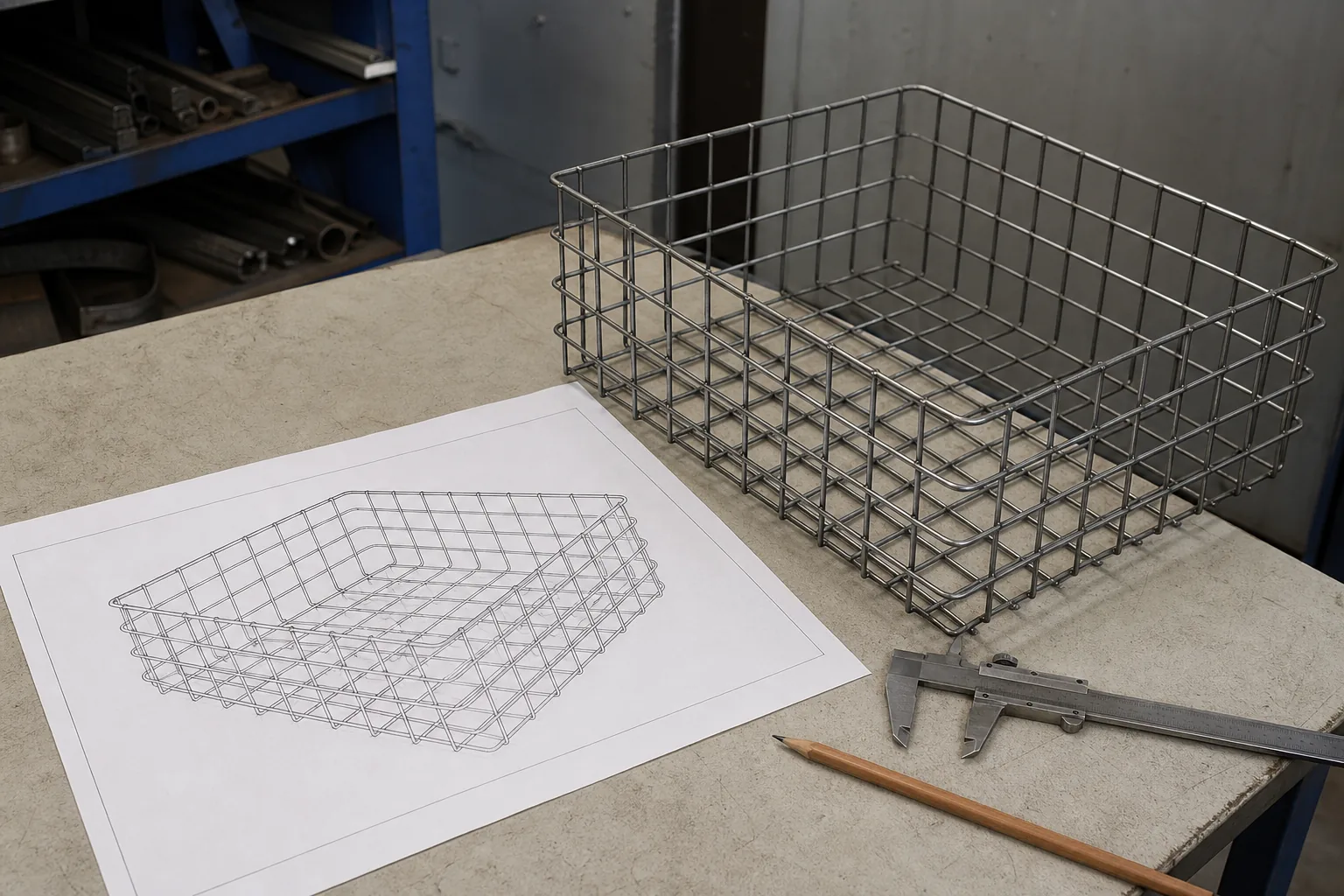 Technical wire basket drawing beside its matching metal sample