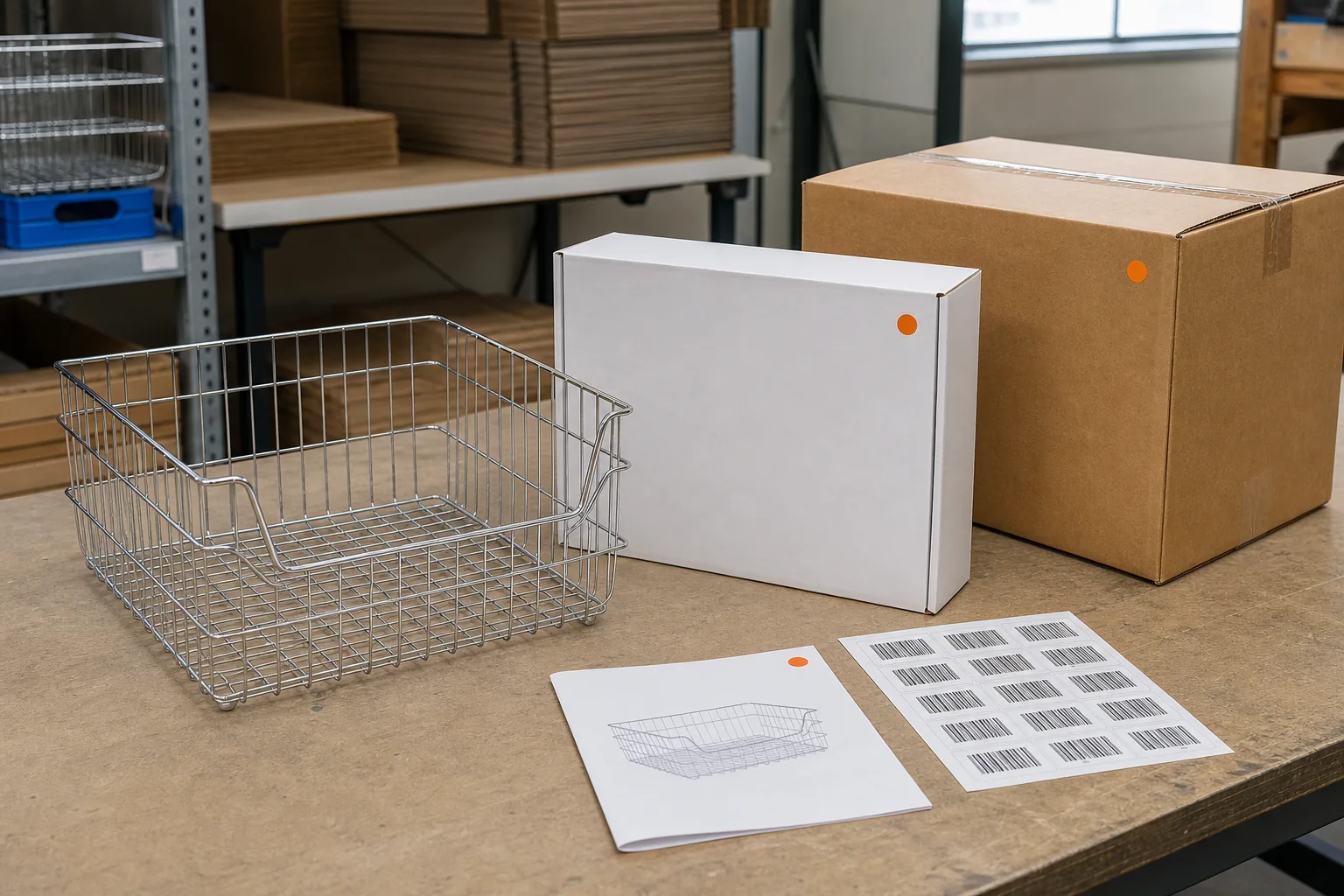 Finished wire basket with coordinated private-label packaging materials