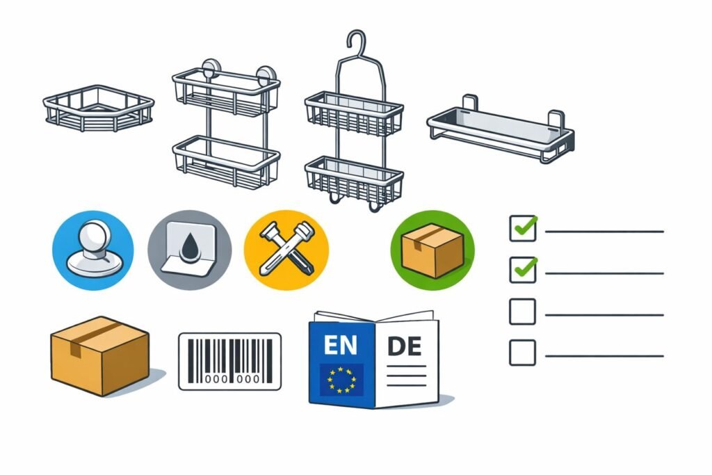 Chrome shower caddy EU distribution guide for size mounting types and finish quality