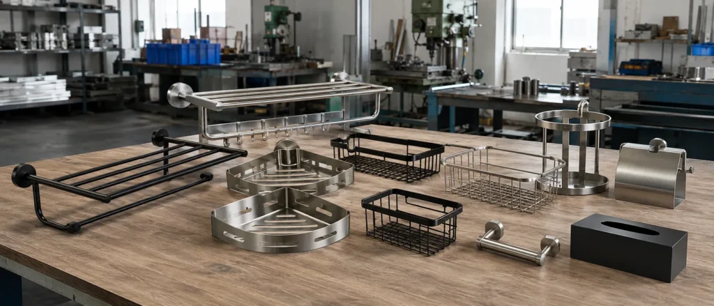 Bathroom hardware manufacturer in China producing towel racks shower caddies and metal storage baskets