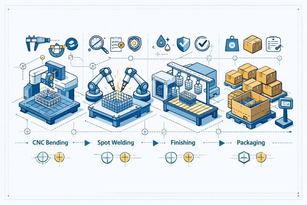 Metal wire storage rack manufacturing process with bending welding finishing and packaging