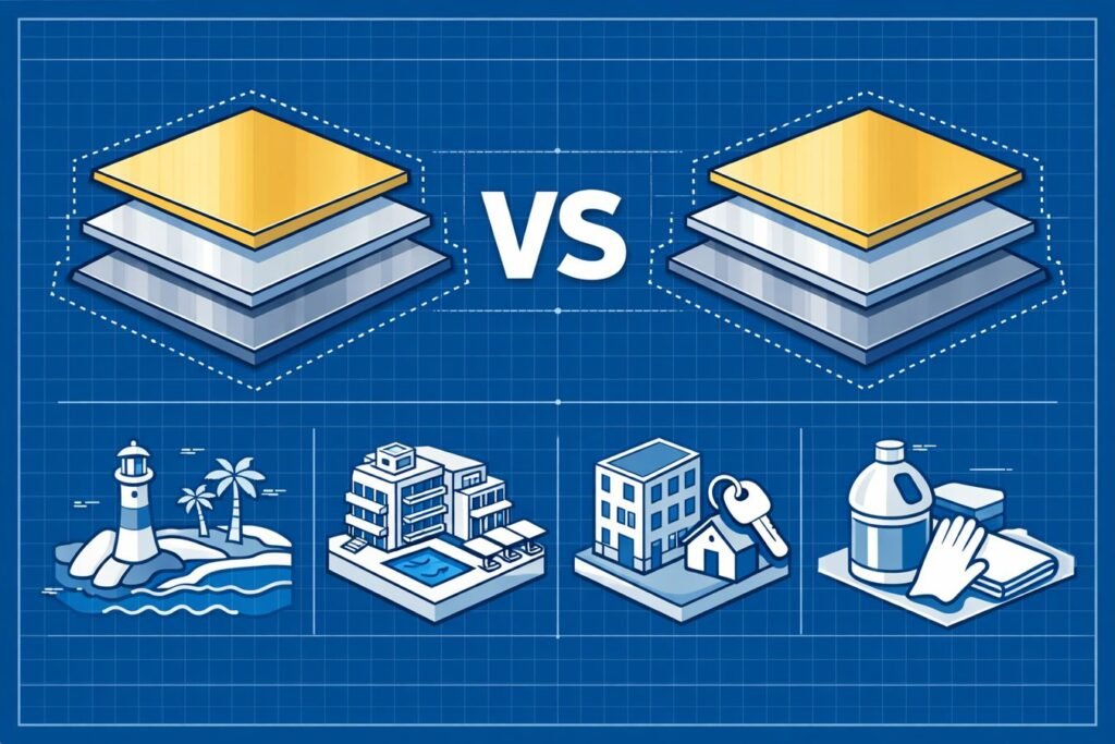 SS304 vs SS201 + Surface Finish Stack Selection Guide (Coastal, Hotel, Rental, High-Chlorine)