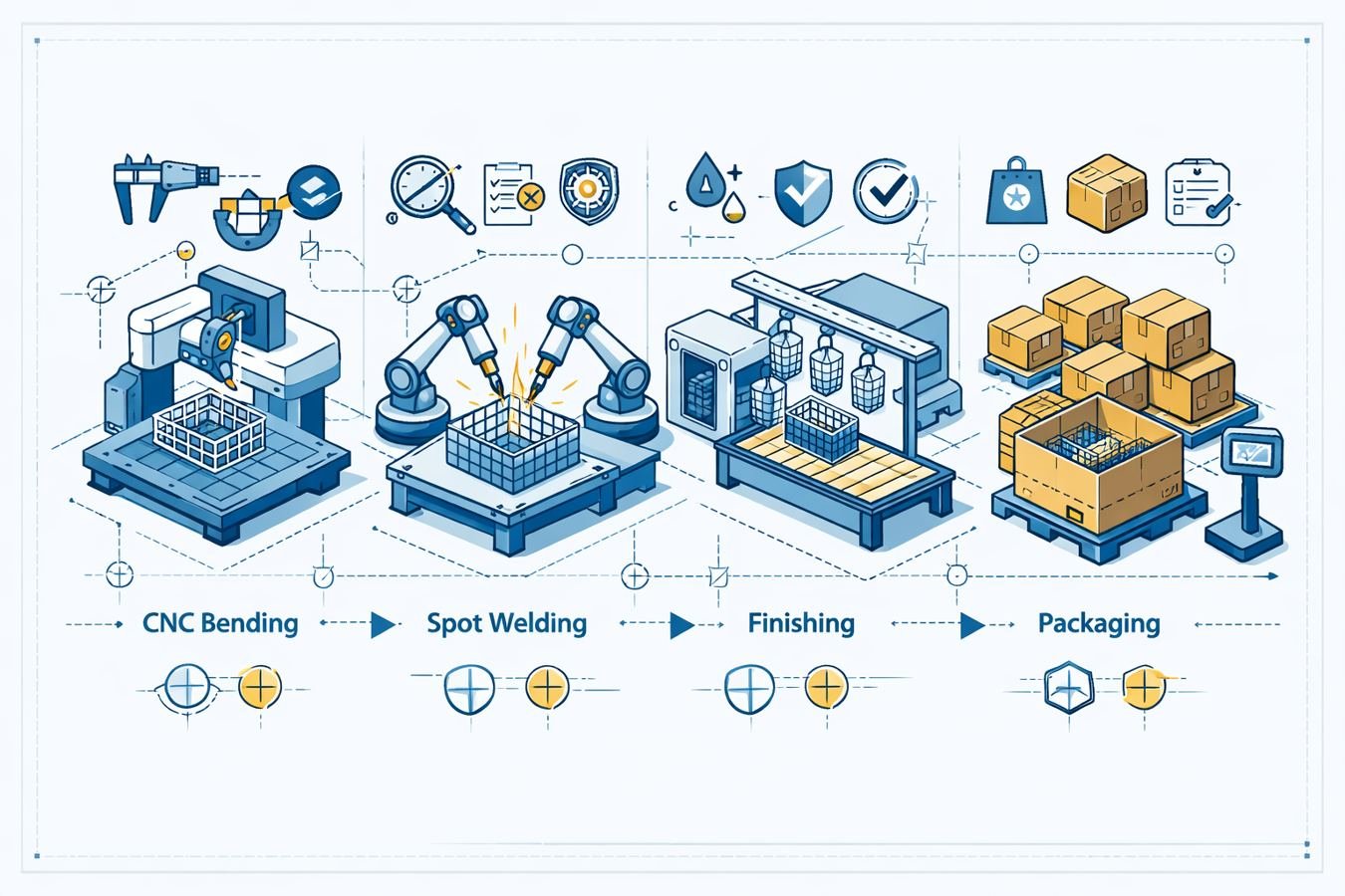 Wire Basket Manufacturing Playbook (2025): CNC Bending, Spot Welding, Finishing & Packaging CTQs