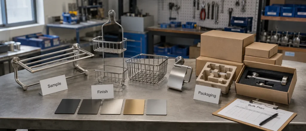Private label bathroom accessories samples and packaging review for OEM production