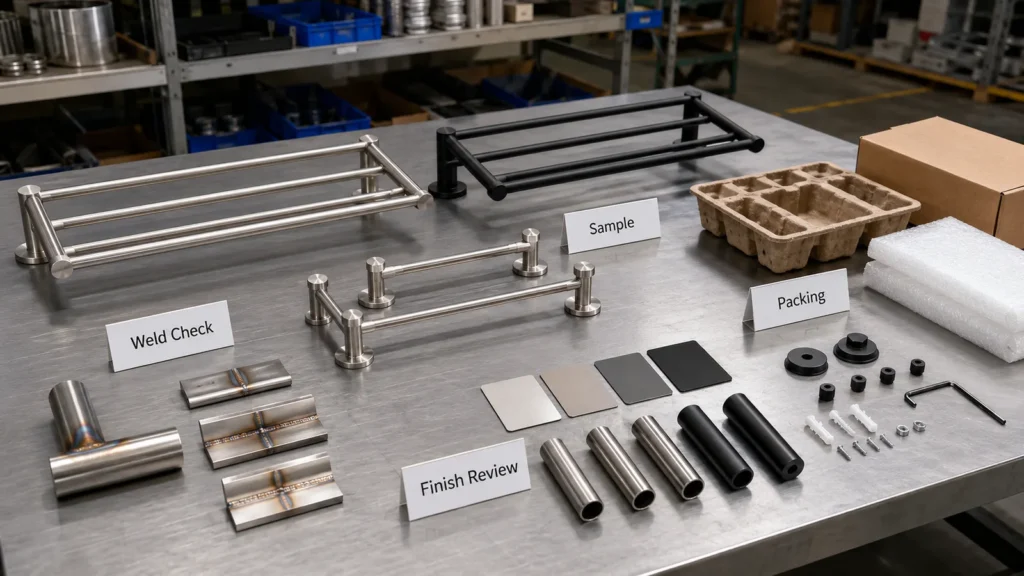 Bathroom towel rack finish and weld inspection before OEM production