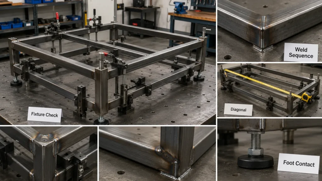 Metal rack welding fixture and frame alignment inspection