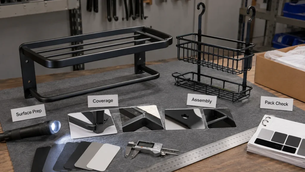 Powder-coating coverage and finish inspection on bathroom racks