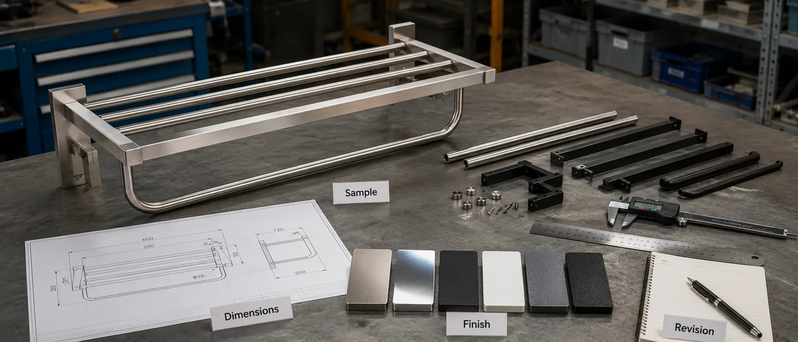 Custom bathroom towel rack sample development on an inspection table