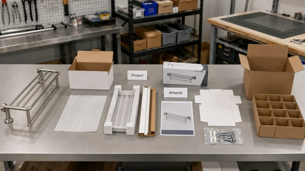 Bathroom hardware packaging sample review from blank box to carton plan