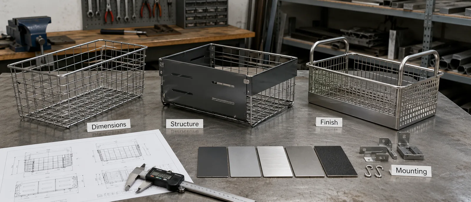Custom metal storage basket samples with dimensions and finish references