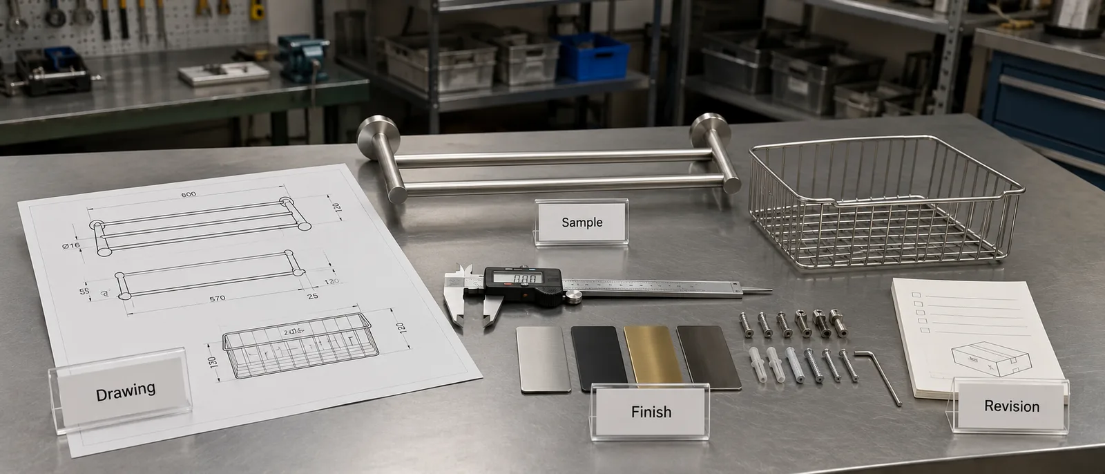 Custom hardware drawing and physical sample prepared for factory quotation