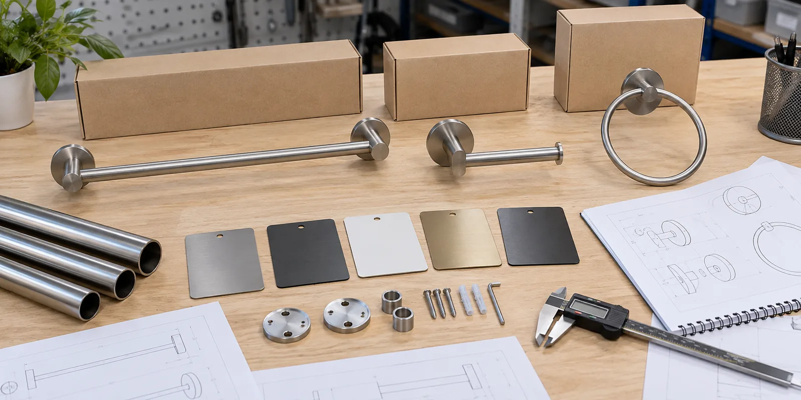 Mixed bathroom hardware SKUs reviewed for shared materials finishes and production requirements