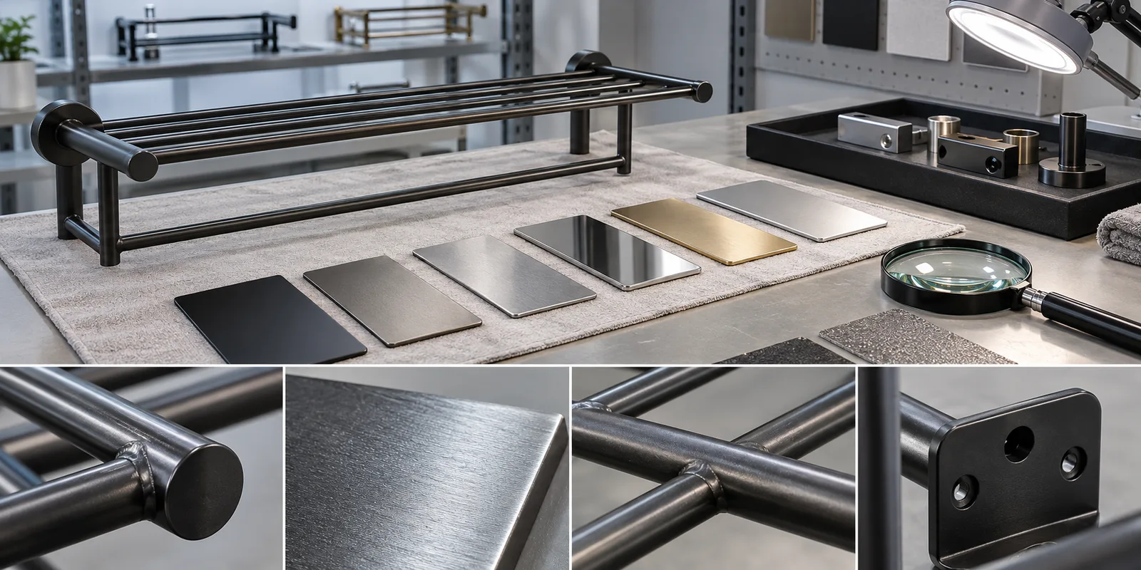 Bathroom hardware samples compared for color gloss texture and coating coverage