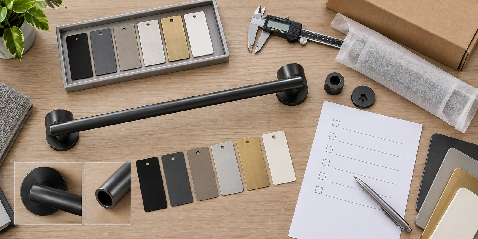 Bathroom hardware finish approval review with reference samples and inspection record