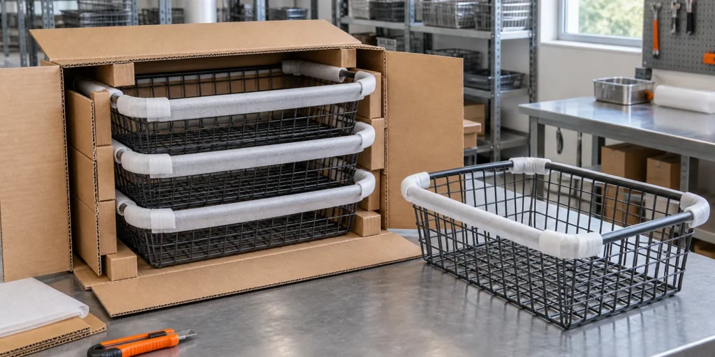 Metal basket nesting packaging with protected rims and controlled carton placement