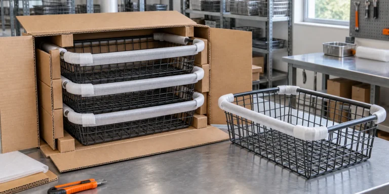 Metal basket nesting packaging with protected rims and controlled carton placement
