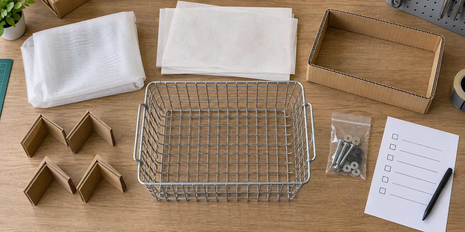 Metal basket packaging review with separators sleeves and carton protection materials