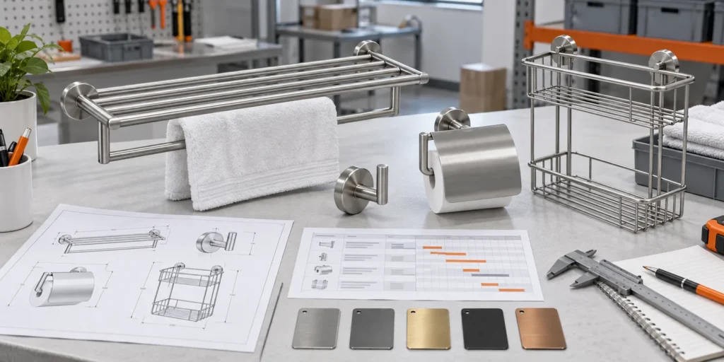 Hotel bathroom hardware OEM samples reviewed with a room schedule, drawings and finish references.