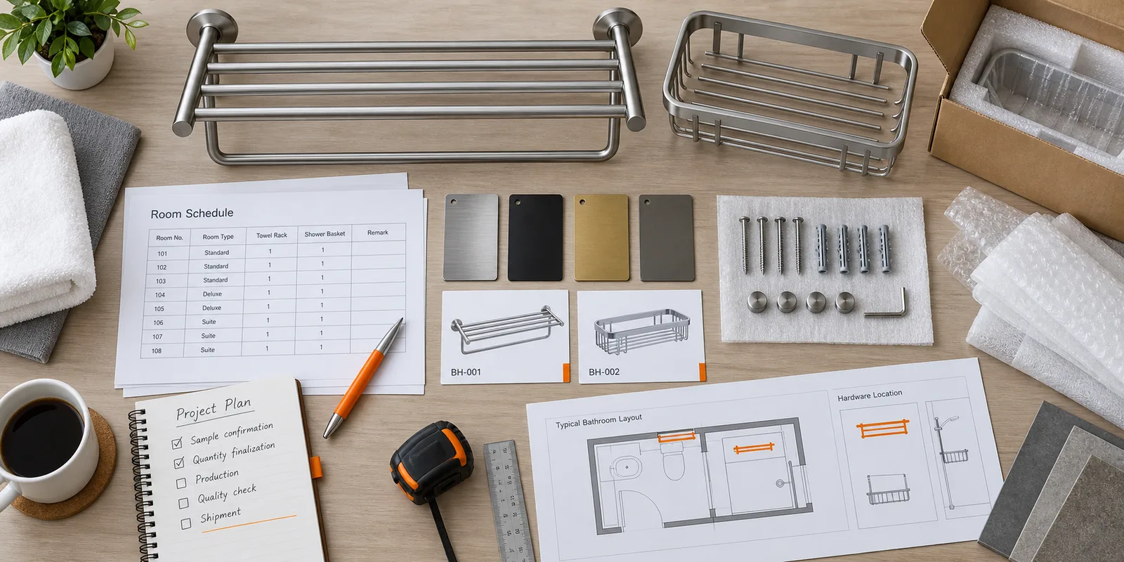 Hotel bathroom hardware buyer planning materials with room schedule, mounting kit and spare units.