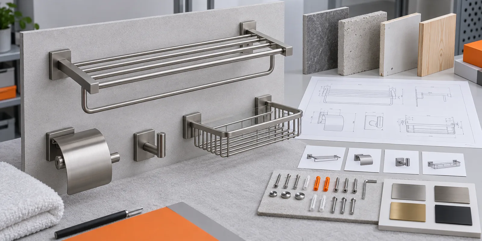 Hotel bathroom hardware room-set samples reviewed against mounting drawings and finish references.