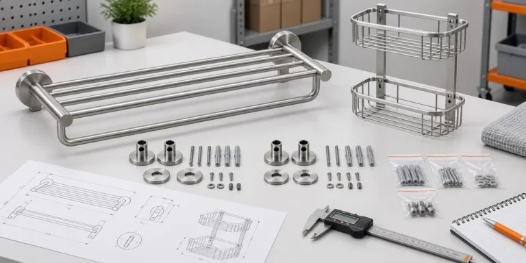 Bathroom hardware replacement parts arranged with finished products and technical records.