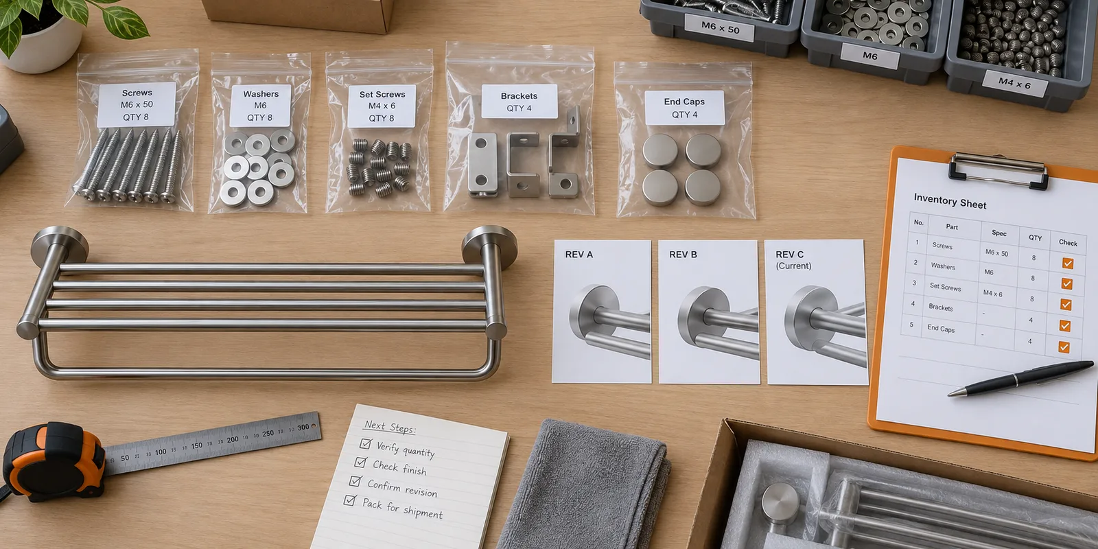 Bathroom hardware spare-parts inventory arranged by part code, revision and reorder quantity.