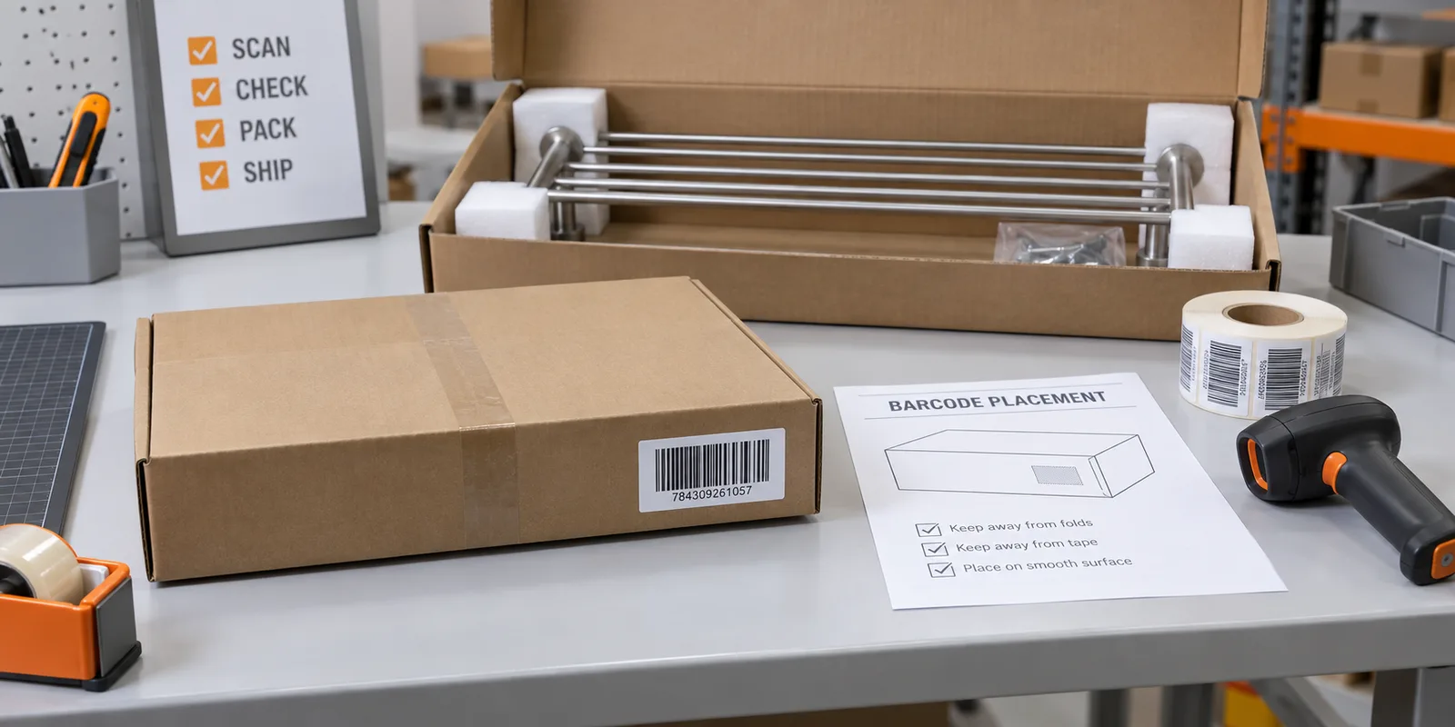 Retail carton barcode placement checked on a packaged bathroom towel rack.
