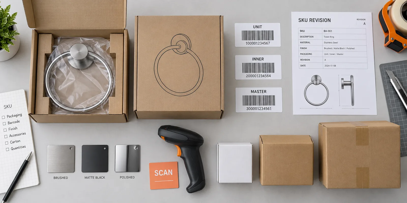 Bathroom hardware retail pack reviewed for SKU, packaging level, barcode revision and scanning.