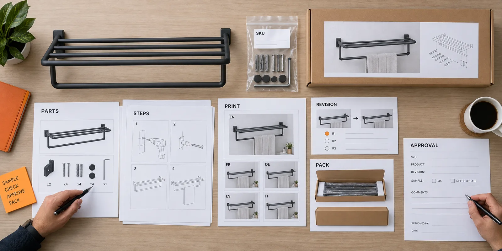 Private-label bathroom rack instruction sheet and hardware pack prepared for approval.