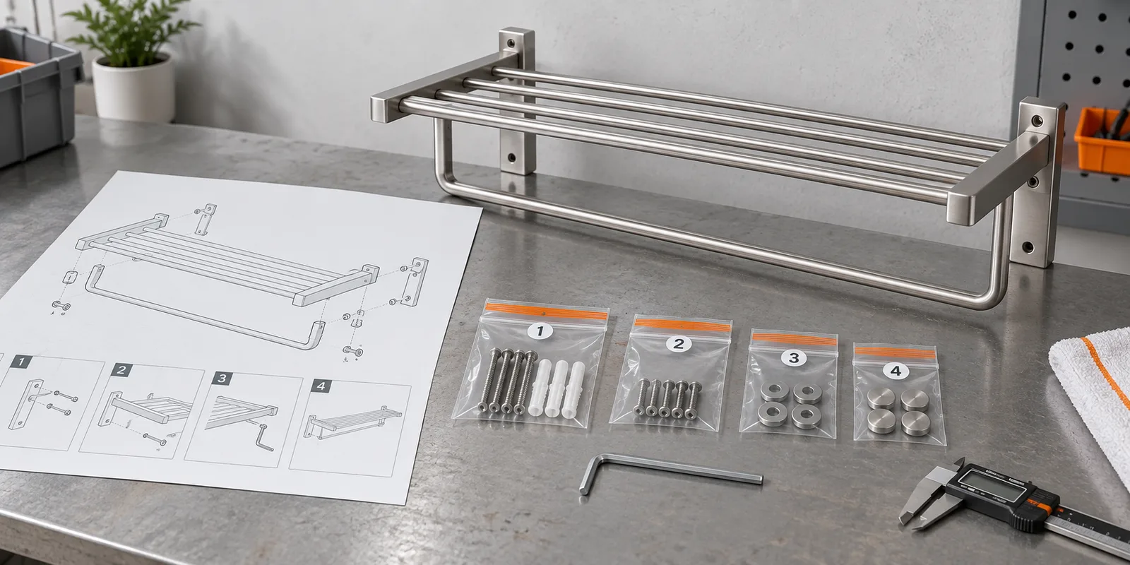 Bathroom rack assembly instructions reviewed with rack components, hardware bags and tools.