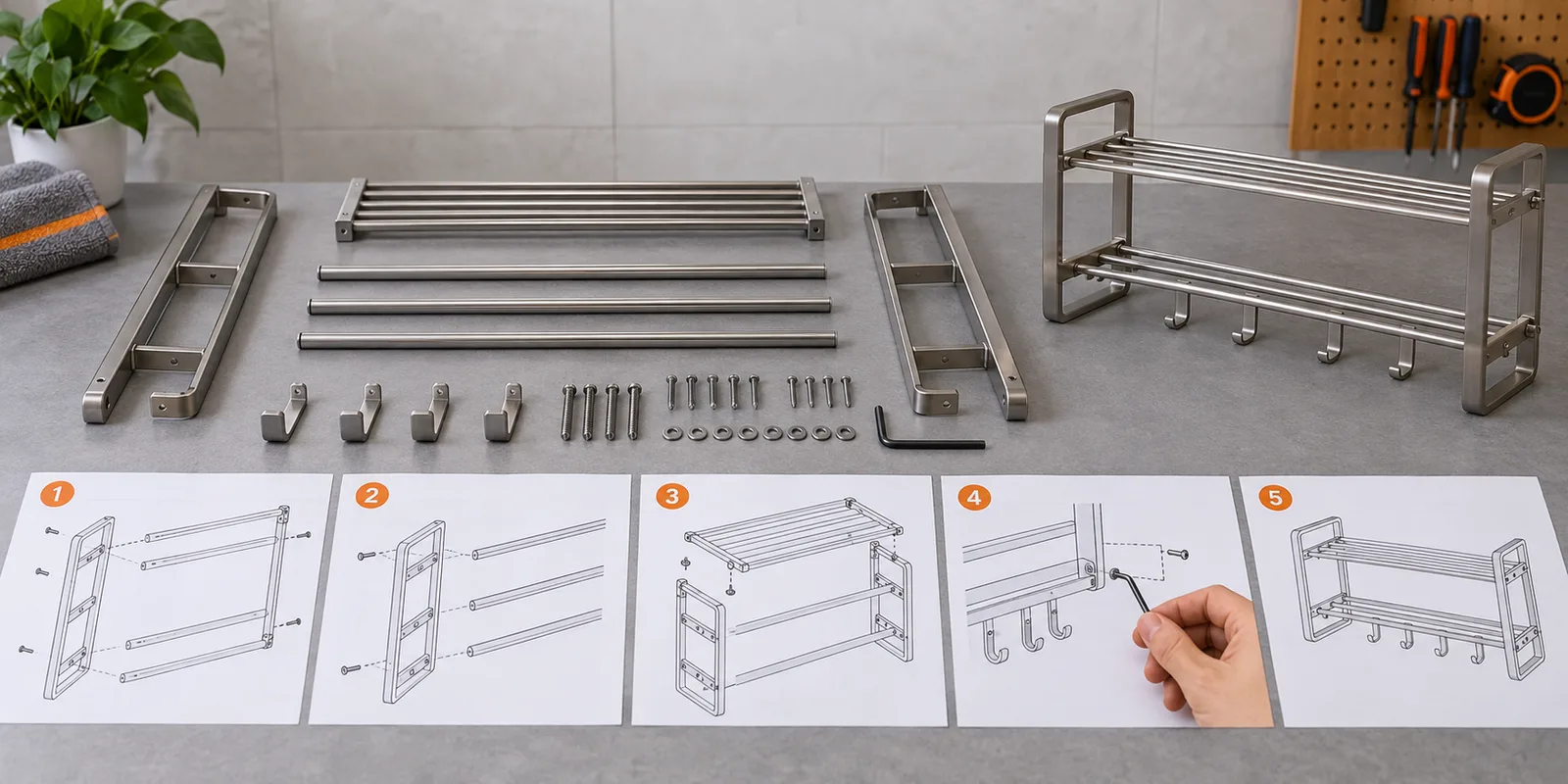 Metal bathroom rack components checked during a trial assembly using numbered instructions.