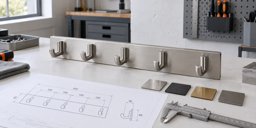 Custom bathroom hook bar reviewed with mounting drawing, finish samples and measuring tools.