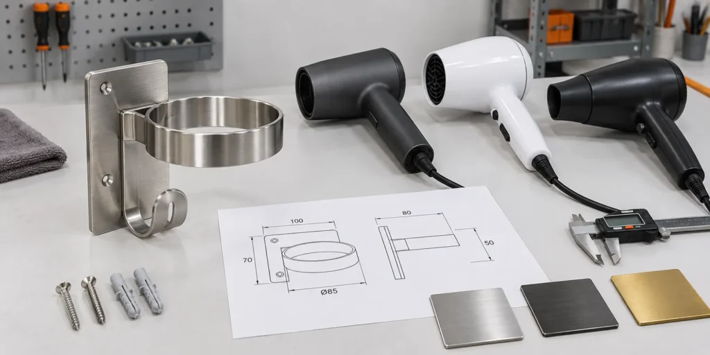 Custom metal hair dryer holder reviewed with appliance fit samples and technical drawing.