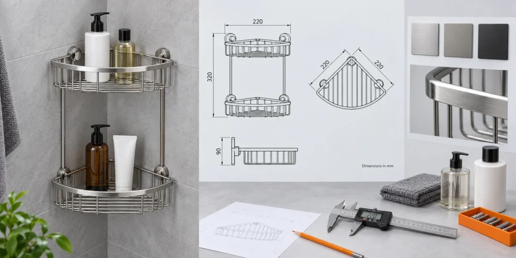 Custom corner shower caddy reviewed on a wall mock-up with drawings and bottle samples.