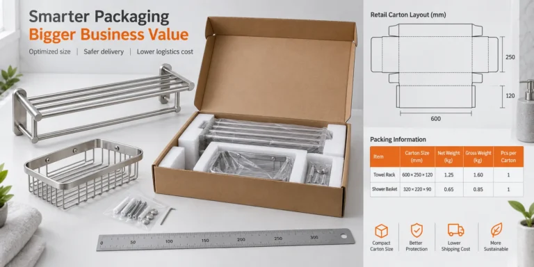Bathroom hardware carton size optimization with product, insert and carton drawing.