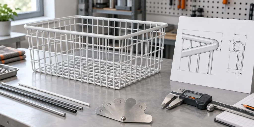 Exemple de conception d'un rebord de panier en fil métallique, avec plan de la géométrie des bords et outils de contrôle.