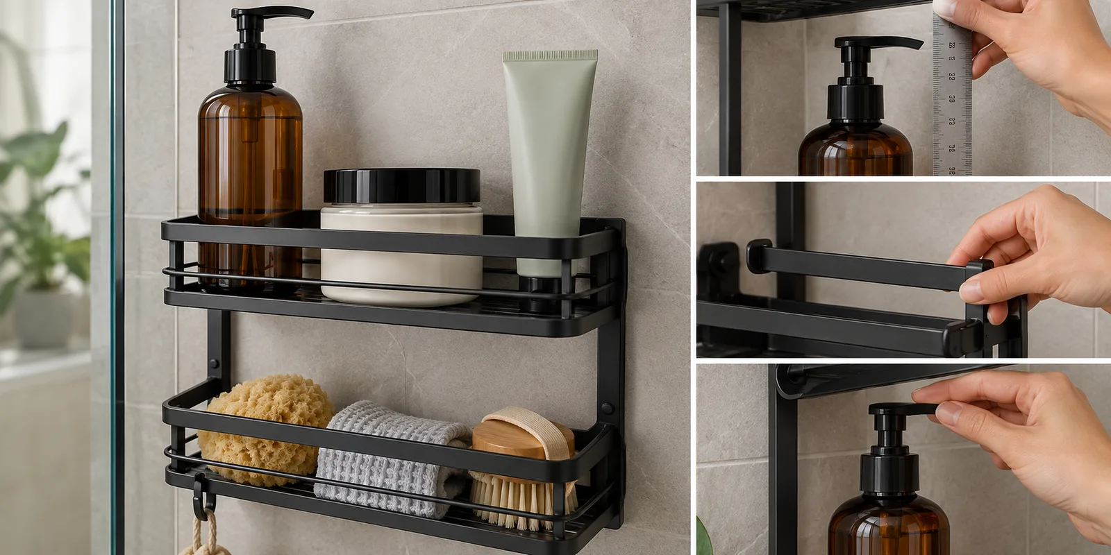 Shower caddy bottle fit test for usable shelf height, pump access and removal clearance.