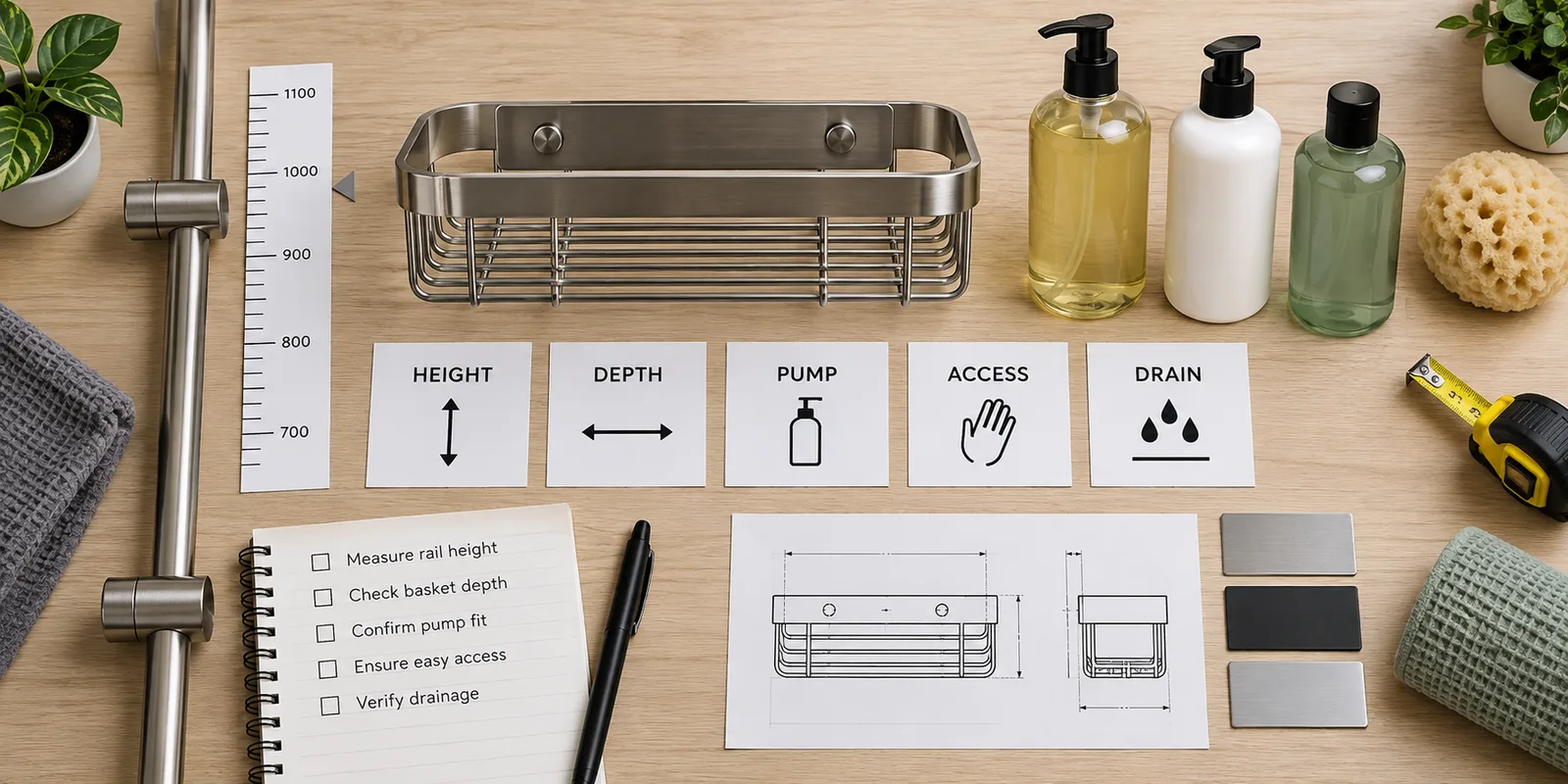 Buyer clearance check for shower caddy height, depth, pump access and drainage.