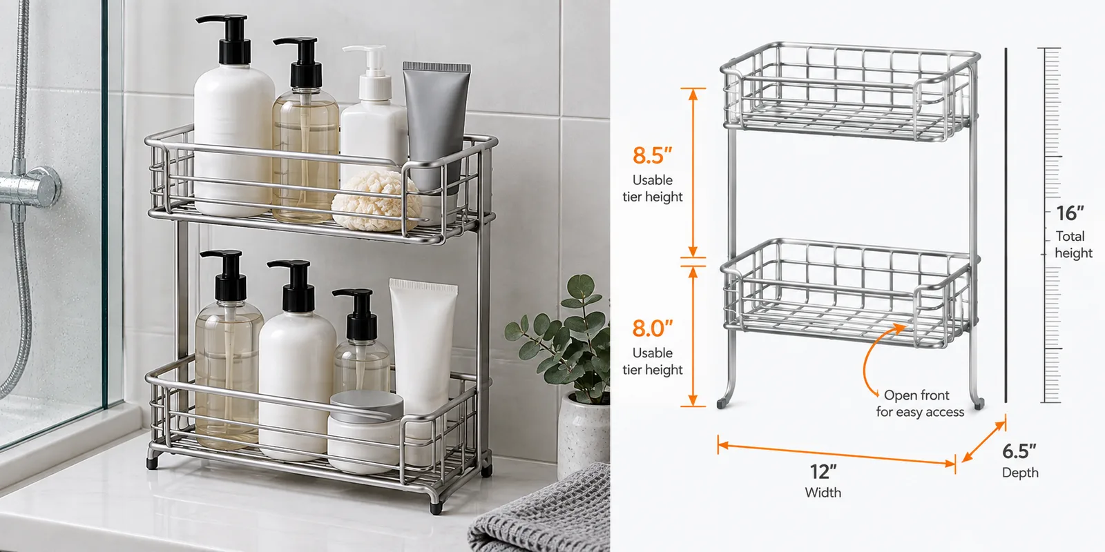 Shower caddy bottle clearance planned with representative containers and dimension drawing.