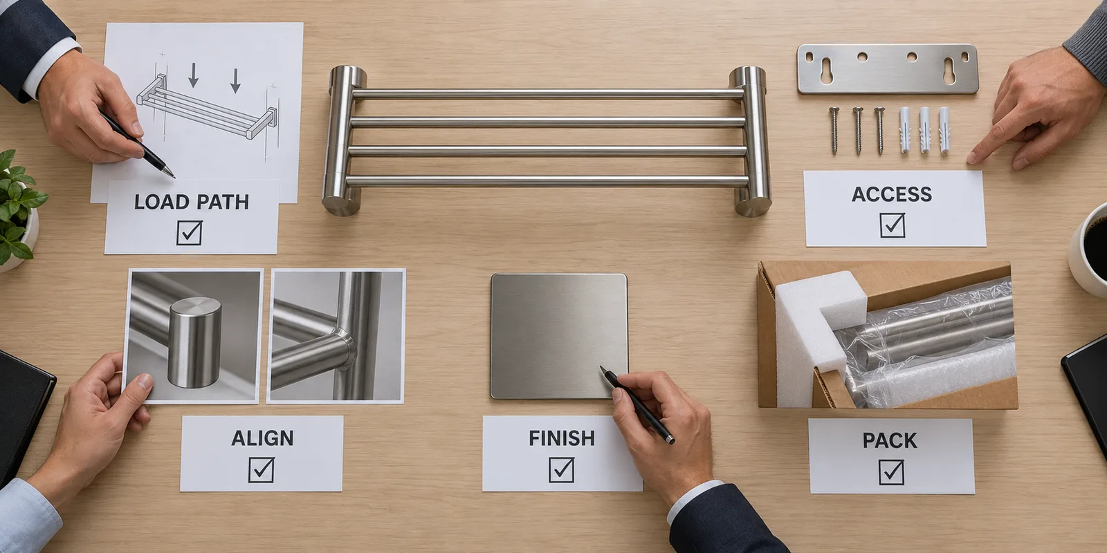 Buyer weld approval items for towel rack load path, joint access, alignment and finish.