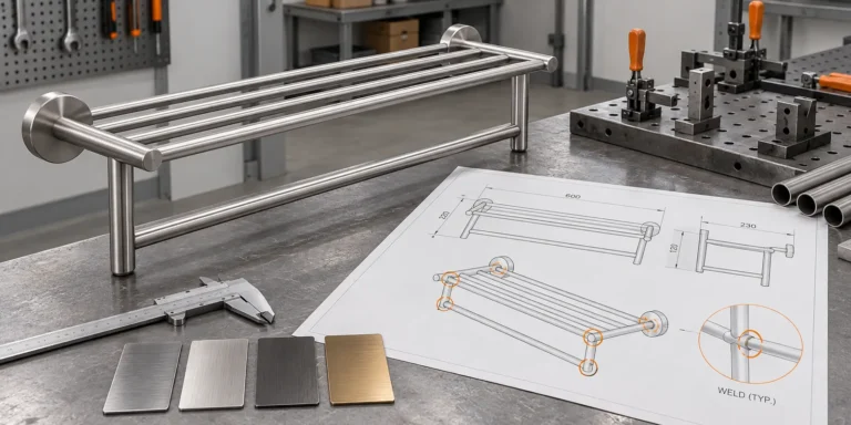Towel rack weld seam placement reviewed with assembly drawing and inspection tools.