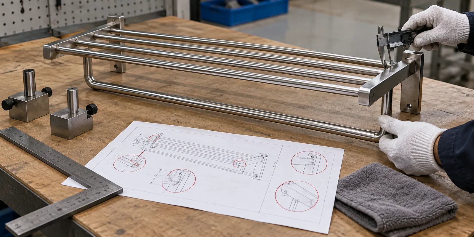 Towel rack joint locations checked for welding access, alignment and visible finish.