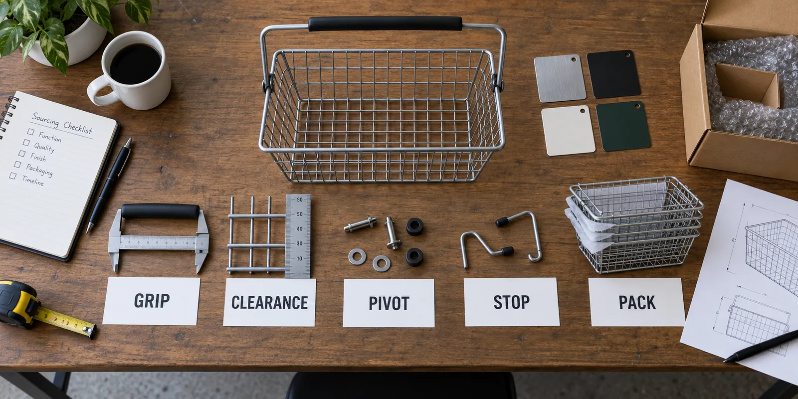 Buyer handle check for wire basket grip, clearance, pivot, stops and packaging.