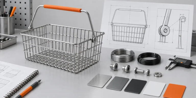 Wire basket handle attachment design with pivot sample and technical drawing.