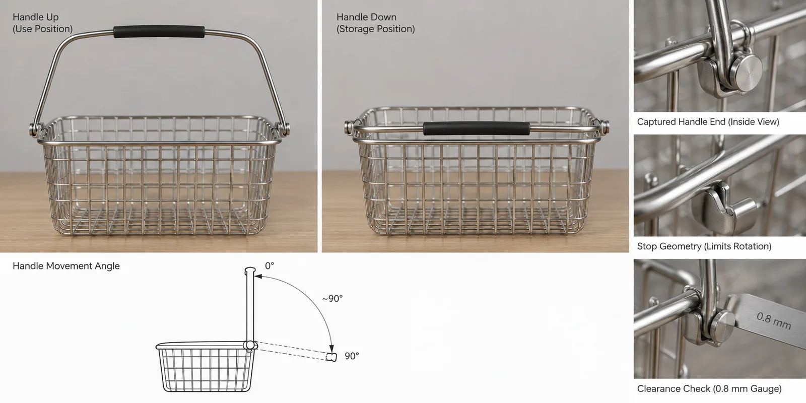 Pivoting wire basket handle checked for retention, travel stops and rim clearance.
