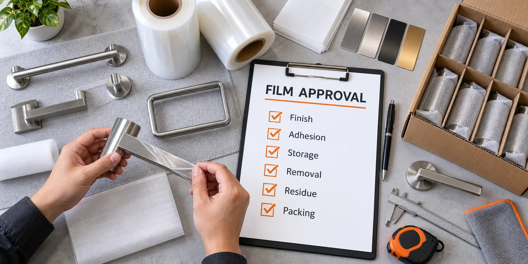 Buyer approval setup for bathroom hardware protective film and packing materials.