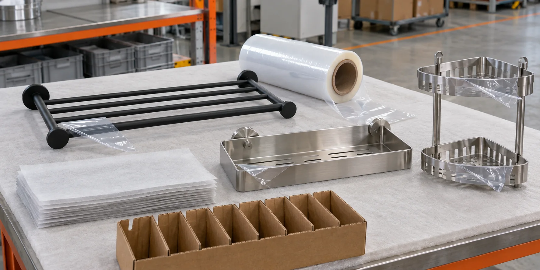 Protective film options arranged with finished bathroom hardware samples for OEM review.