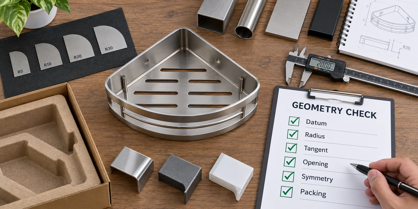 Buyer geometry review for bathroom rack corner radius and usable clearance.