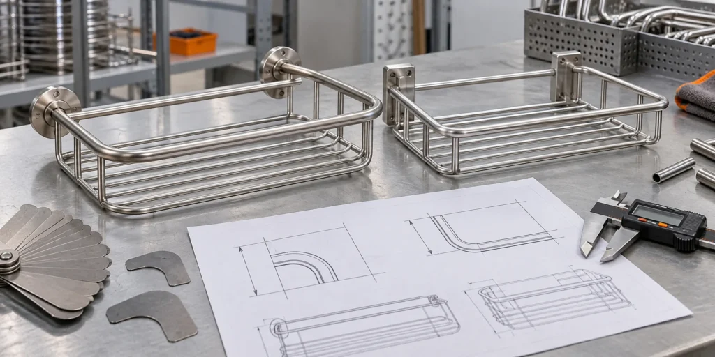 Présentation des différentes options de rayon d'angle pour les étagères de salle de bains, accompagnée de schémas et d'outils de mesure.