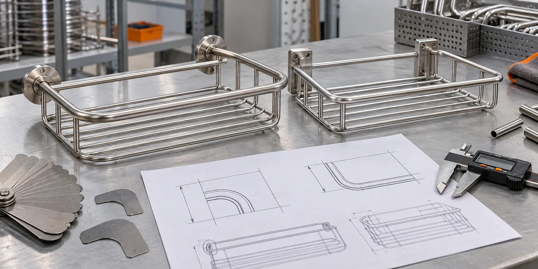 Bathroom rack corner radius options reviewed with drawings and measuring tools.